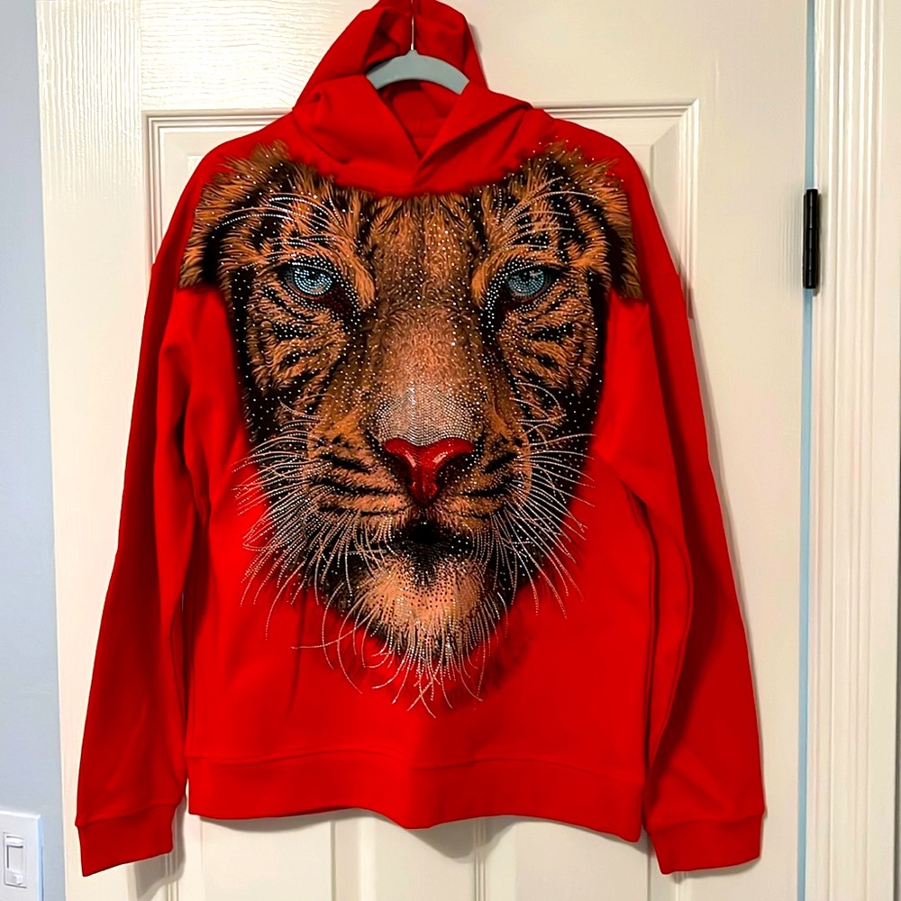 Heads or tails red hoodie with sparkling tiger head